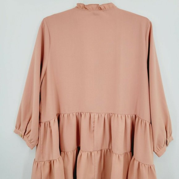 Entro Button-up Tiered Tunic Pink Size L Quarter Sleeve Solid Ruffle Split Neck - Picture 7 of 11